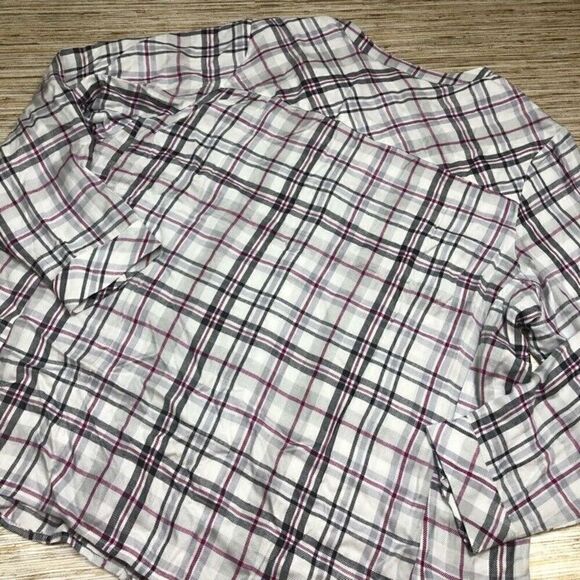 Y-100~ Workshop Womens Button Front Shirt White Plaid 3/4 Slv Notch Neck Plus 2X - Picture 2 of 3